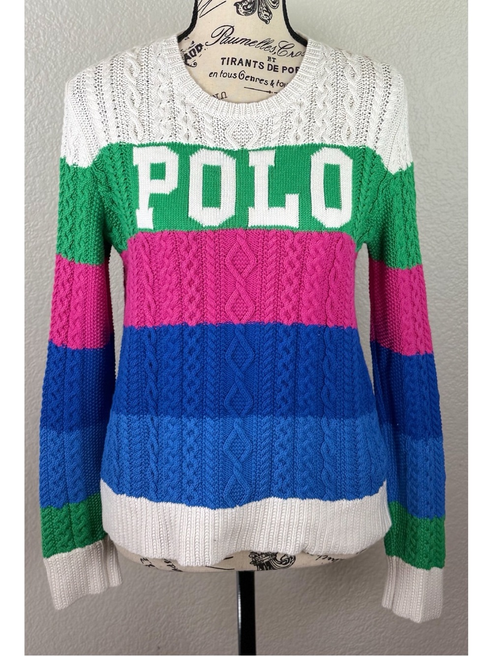 Polo Ralph Lauren Y2K Multicolor Striped Cable-Knit Pullover Sweater Small - Picture 5 of 14